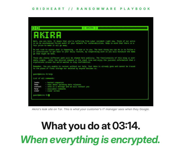 Skärmdump av Akira ransomware-gruppens terminalskärm. Grön monospace-text på svart bakgrund med rubriken AKIRA i pixelart. Texten lyder: Well, you are here. It means that you're suffering from cyber incident right now. Think of our actions as an unscheduled forced audit of your network for vulnerabilities. Keep in mind that there is a fair price to make it all go away. Do not rush to assess what is happening - we did it to you. The best thing you can do is to follow our instructions to get back to your daily routine. Those who choose different path will be shamed here publicly. Remember. You are unable to recover without our help. Your data is already gone. Nedanför finns en kommandolista: leaks, news, contact, help, clear.