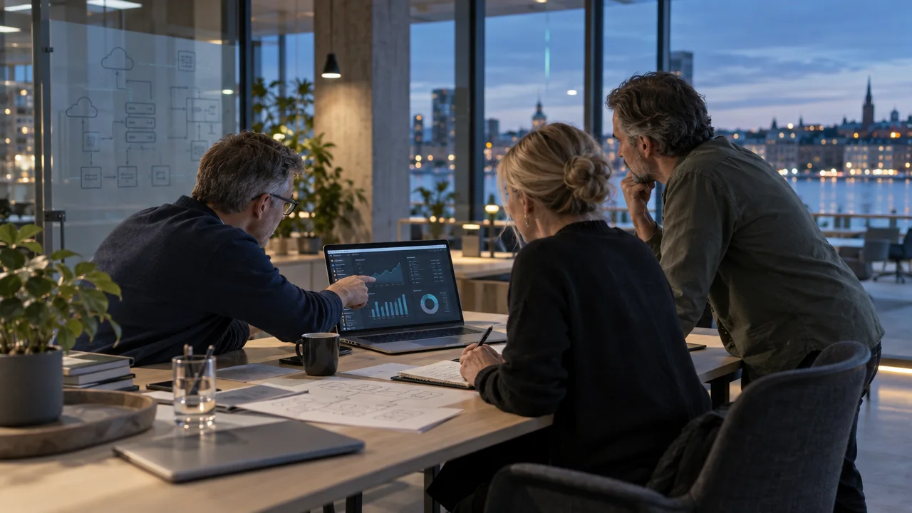 Tre kollegor arbetar tillsammans kring en laptop i ett kontor med kvällsljus